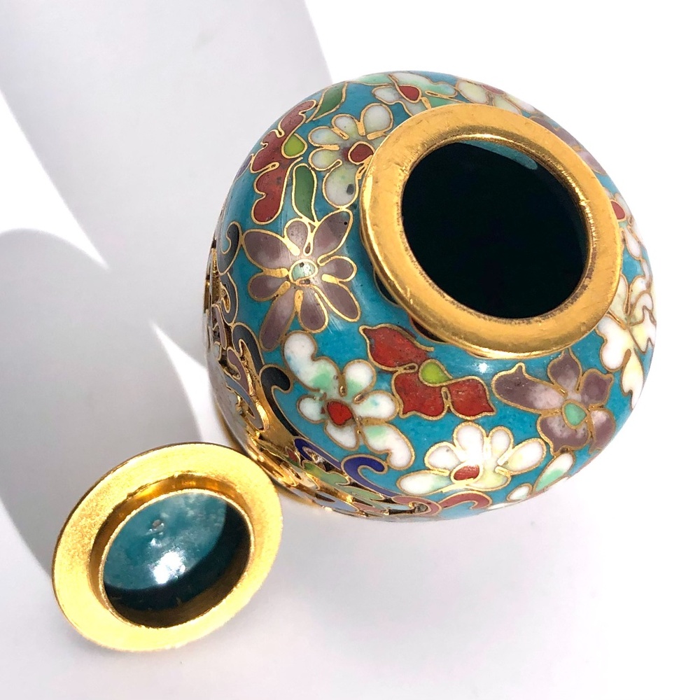Chinese lotus flower cloisonne ginger jar vase with lid blue gold brass enamel - Picture 10 of 16